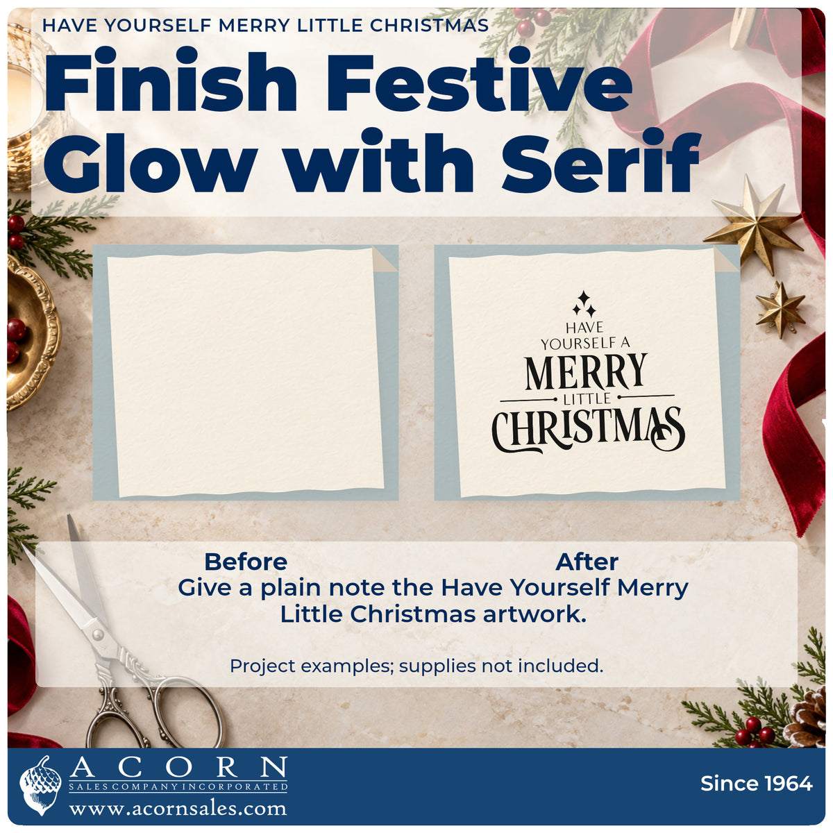 Before and after of a plain item finished with the Have Yourself A Merry Little Christmas Sparkle Accents Rubber Stamp – Wood Handle, a quick upgrade for framed square mat.