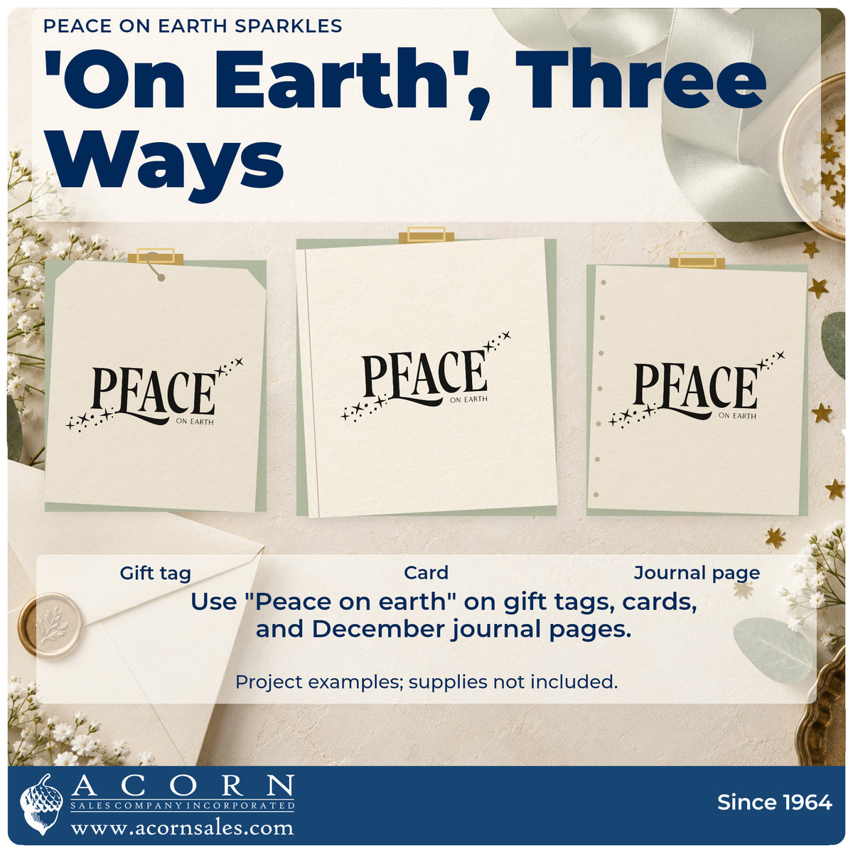 Three project examples made with the Peace On Earth Sparkles Serif Lettering Slim Pre-Inked Stamp, including intent page header.