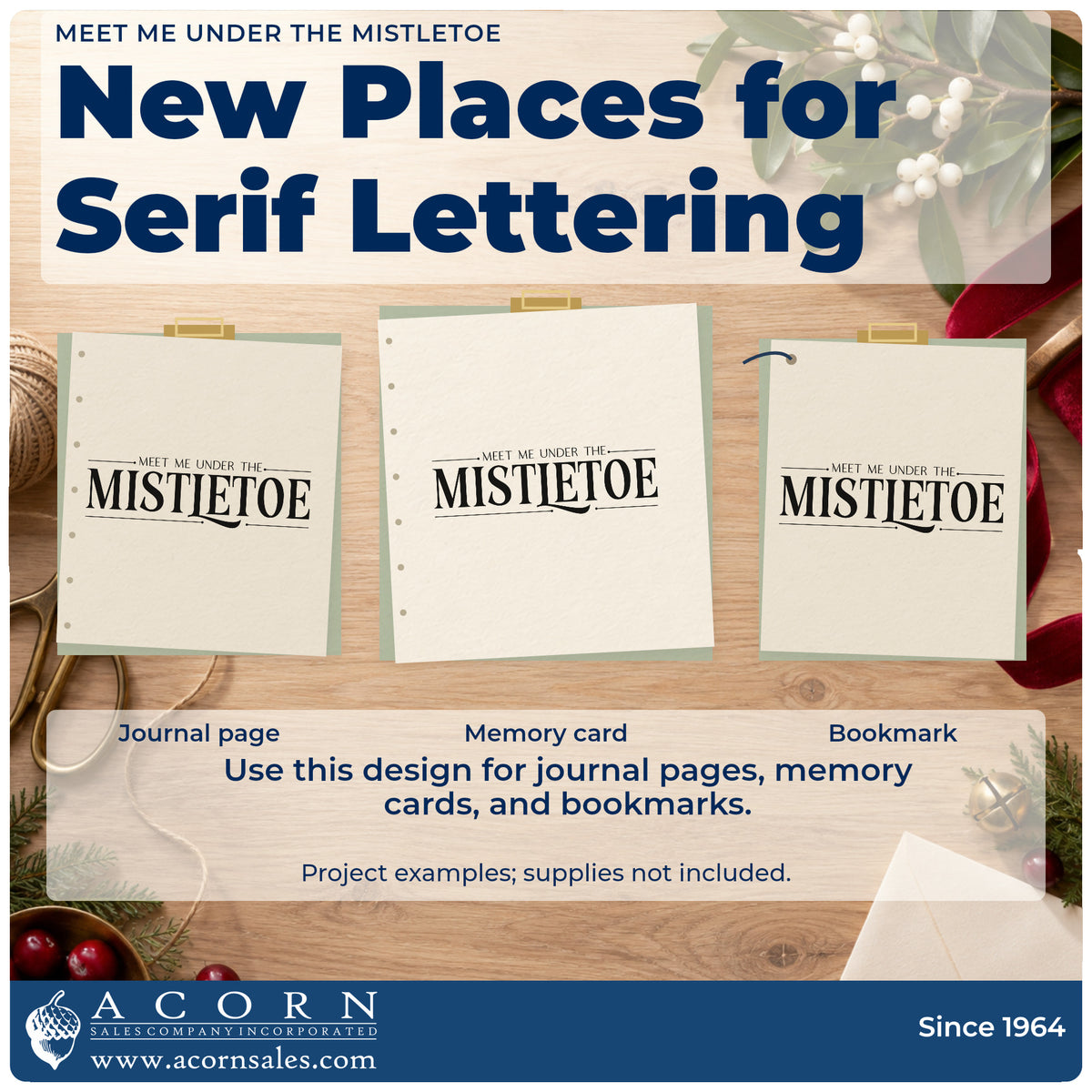 Three project examples made with the Meet Me Under The Mistletoe Serif Lettering Rubber Stamp – Duo Hand, including letter paper header.
