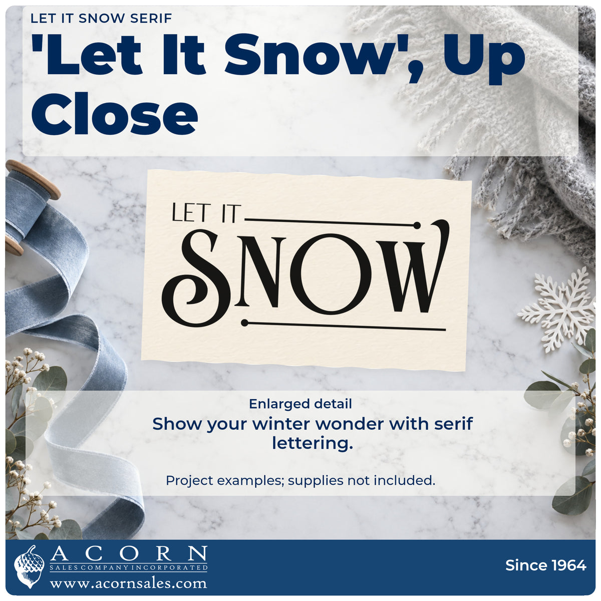 Enlarged detail of the Let It Snow Serif Lettering Stamp – Self-Inking imprint. The words "Let it snow" combine small text and large decorative serif lettering between thin rules.