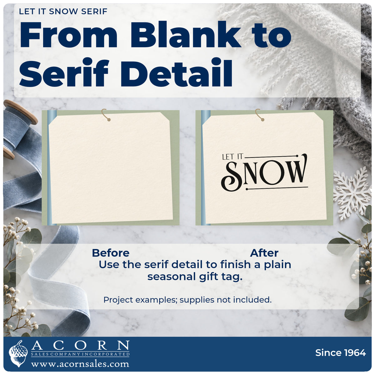 Before and after of a plain item finished with the Let It Snow Serif Lettering PSI Pre-Inked Stamp, a quick upgrade for framed fitting room.