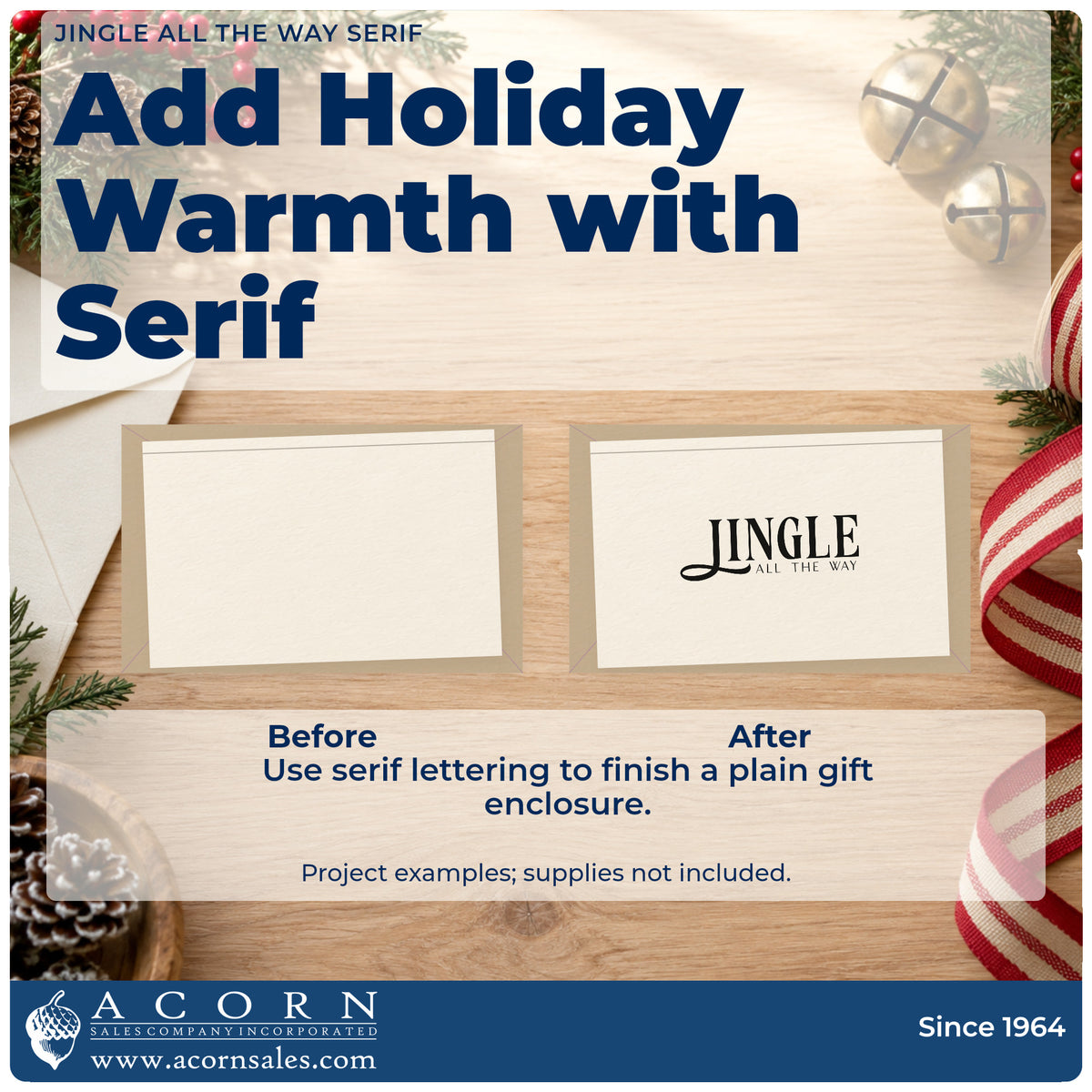 Before and after of a plain item finished with the Jingle All The Way Serif Slim Pre-Inked Stamp, a quick upgrade for framed wide mat.