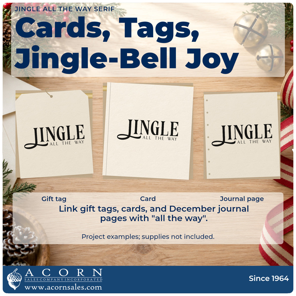 Three project examples made with the Jingle All The Way Serif Wood Handle Stamp, including sign off note sheet.