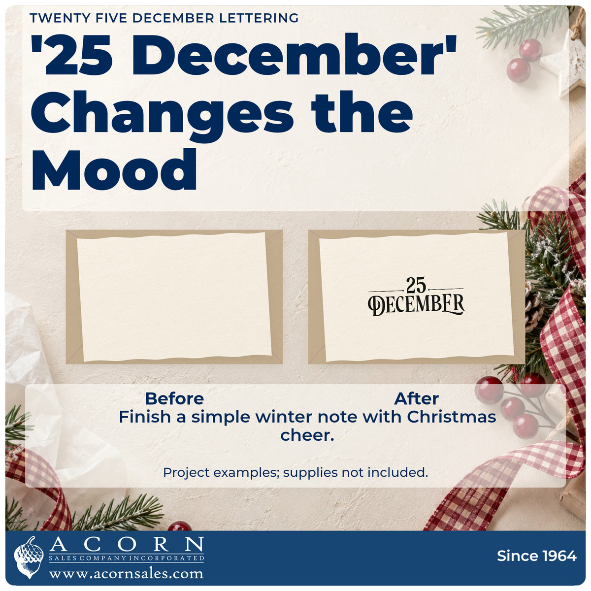 Before and after of a plain item finished with the Twenty Five December Word Art Pre-Inked Stamp – Slim, a quick upgrade for framed numeral print.