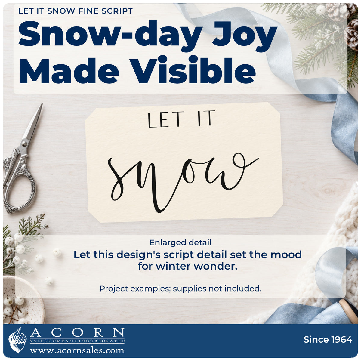 Enlarged detail of the Let It Snow Fine Script PSI Pre-Inked Stamp imprint. The words "Let it snow" combine small plain capitals and a large airy script word.