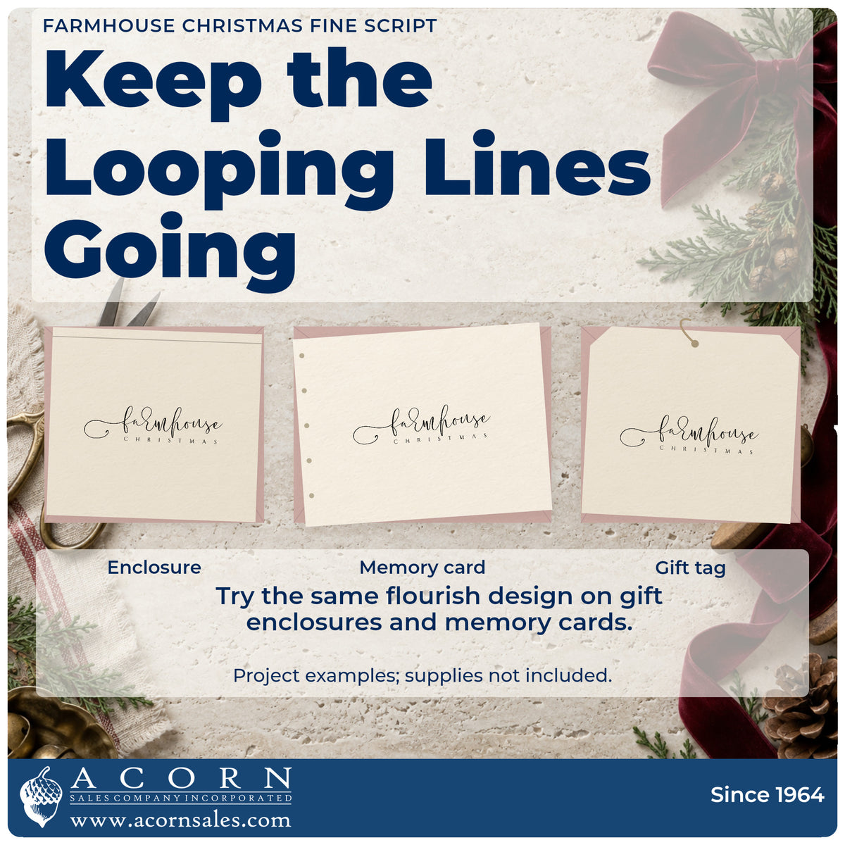 Three project examples made with the Farmhouse Christmas PSI Pre-Inked Stamp, including decor plan sheet.
