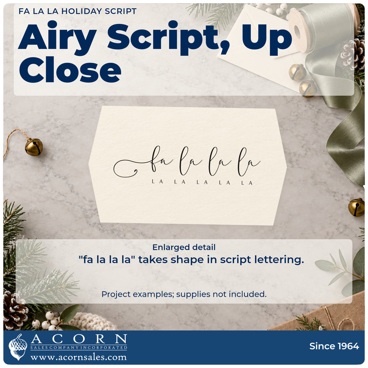Enlarged detail of the Fa La La Looping Holiday Script Slim Pre-Inked Stamp imprint. The phrase "fa la la la" appears in thin looping script above a row of small spaced "la" lettering.