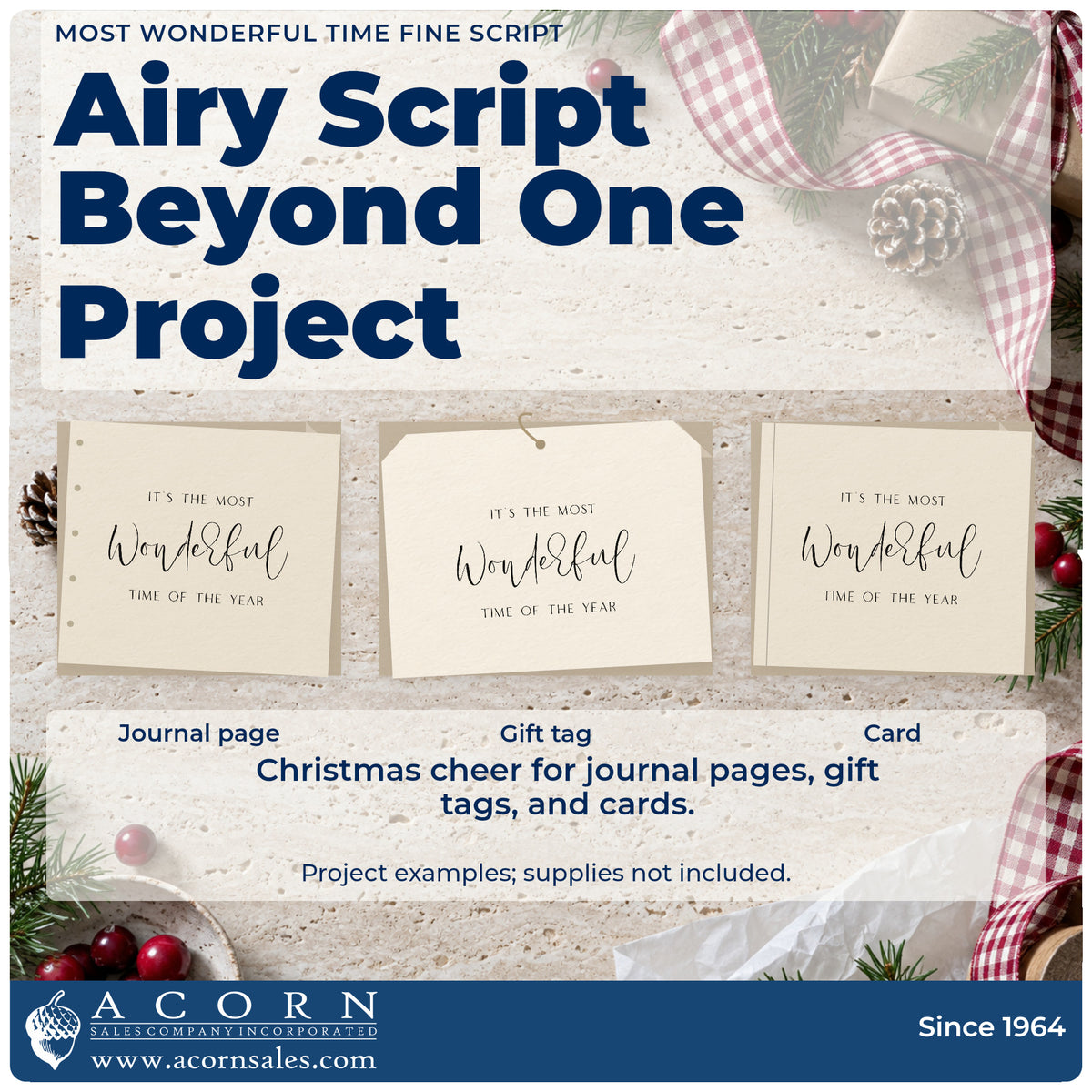 Three project examples made with the Most Wonderful Time Fine Script Lettering Duo Hand Stamp, including focus note sheet.