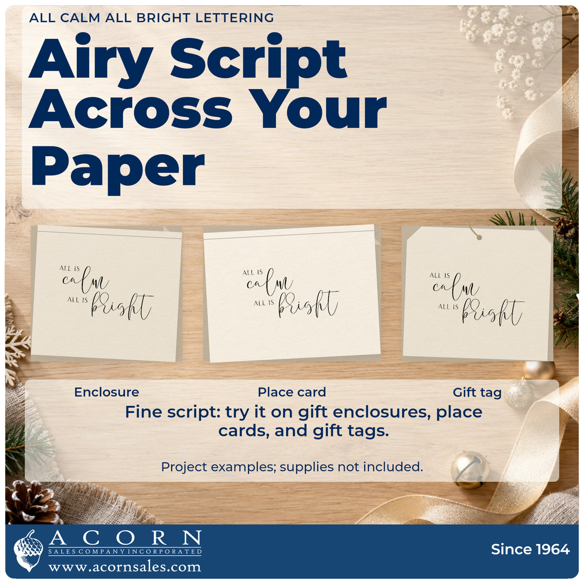 Three project examples made with the All Calm All Bright Word Art PSI Pre-Inked Stamp, including two style sheet.