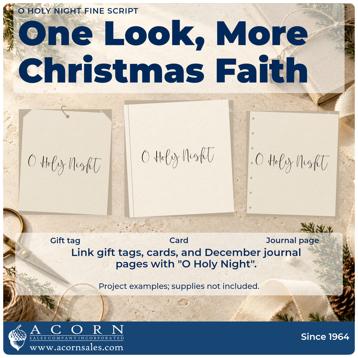 Three project examples made with the O Holy Night Fine Script Pre-Inked Stamp – PSI, including header rule sheet.