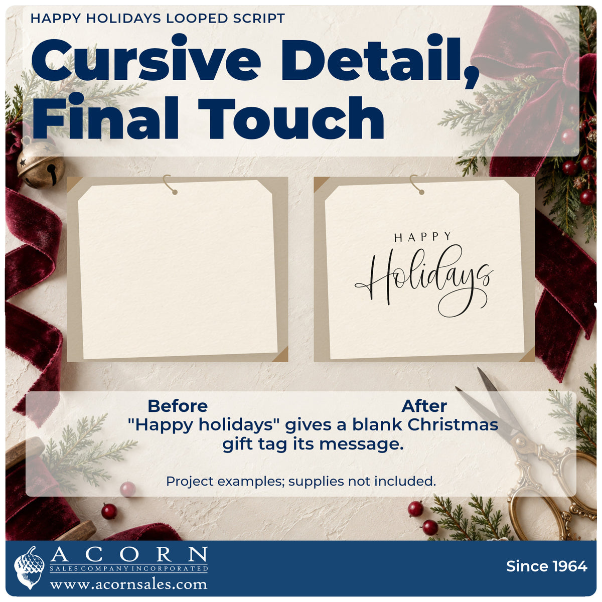 Before and after of a plain item finished with the Happy Holidays Looped Script Lettering Rubber Stamp – Duo Hand, a quick upgrade for framed tall mat.