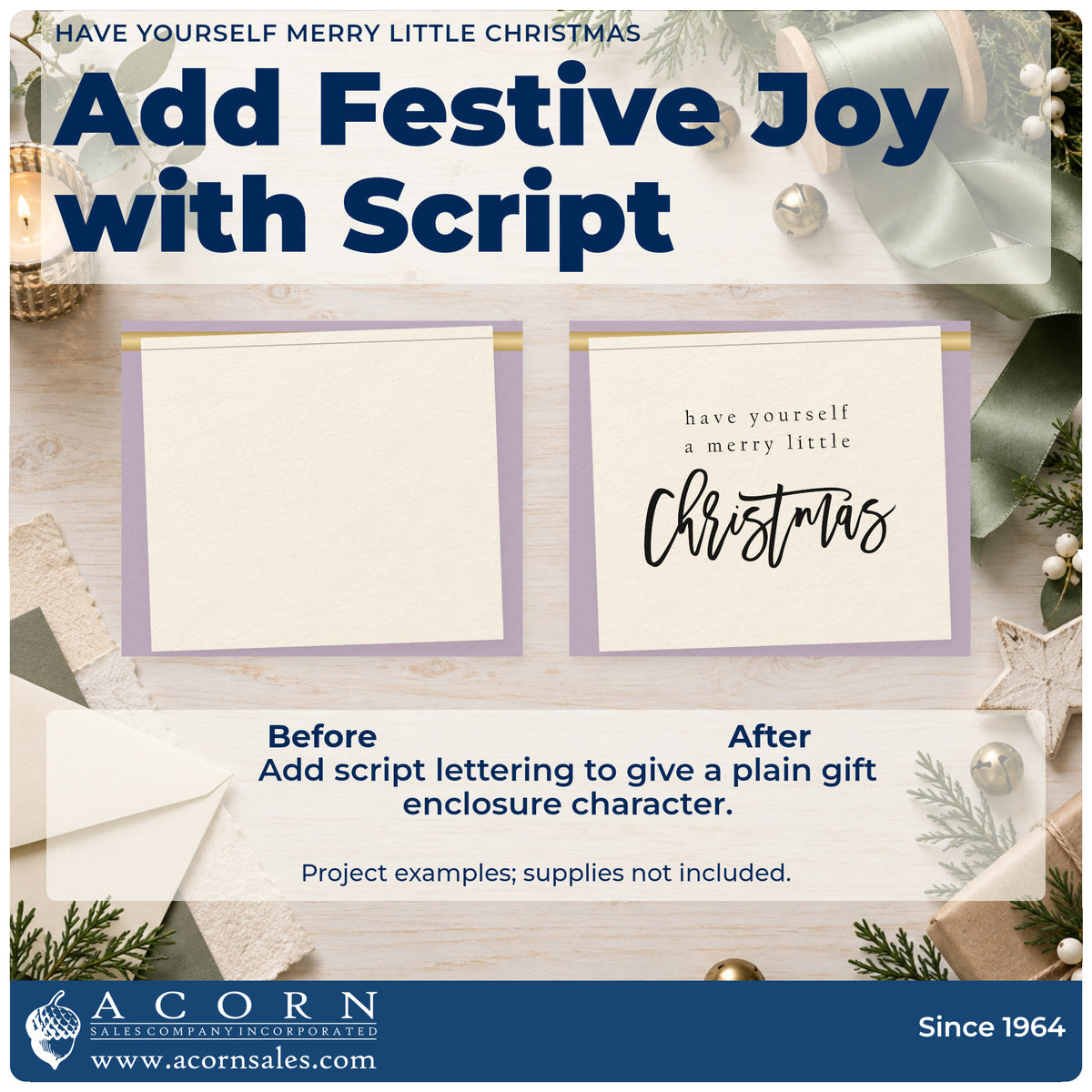Before and after of a plain item finished with the Have Yourself A Merry Little Christmas Script Lettering Stamp – PSI Pre-Inked, a quick upgrade for framed studio wall.