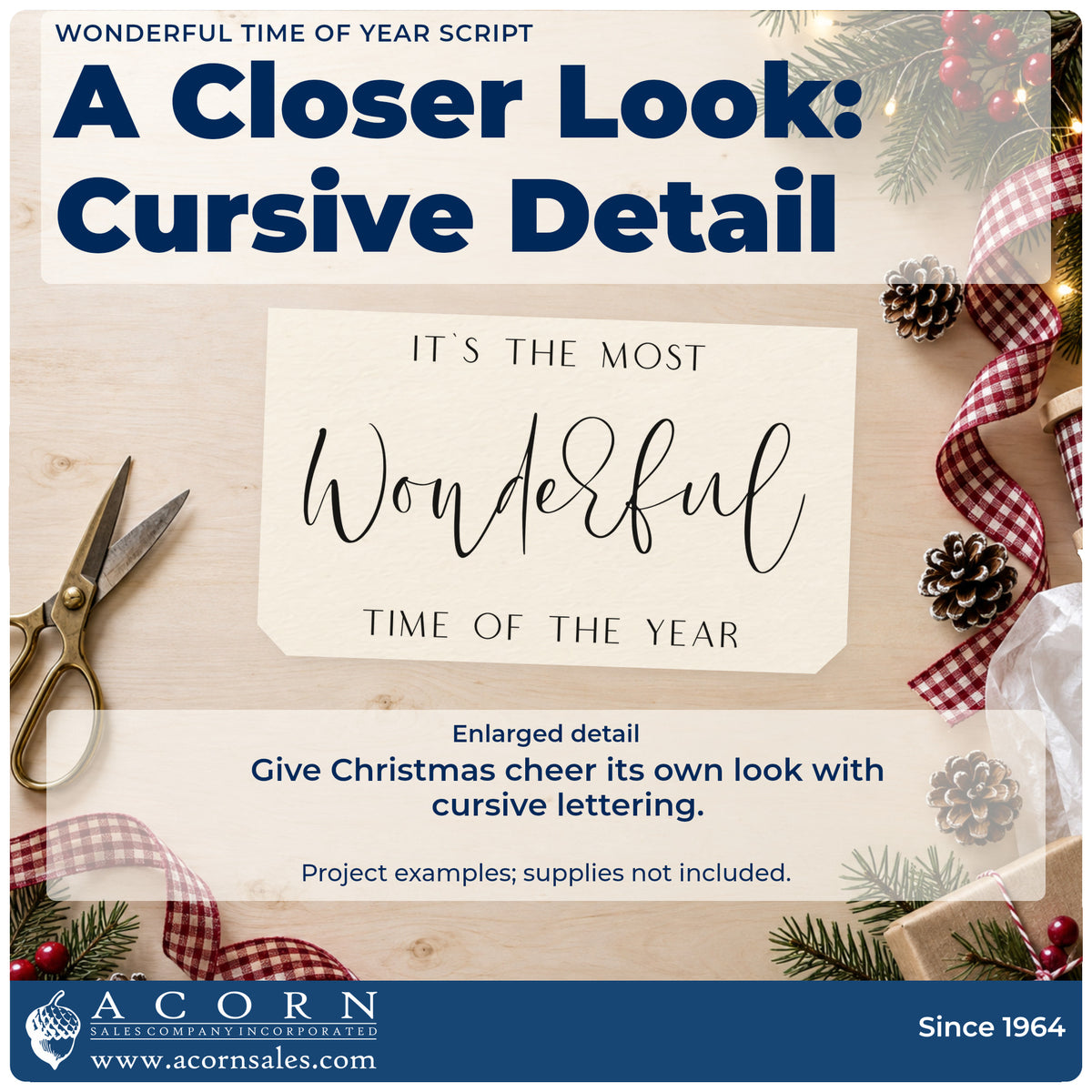 Enlarged detail of the Wonderful Time Of Year Script Lettering Hand Stamp – Duo imprint. The phrase "It's the most wonderful time of the year" features large airy cursive between two lines of capitals.