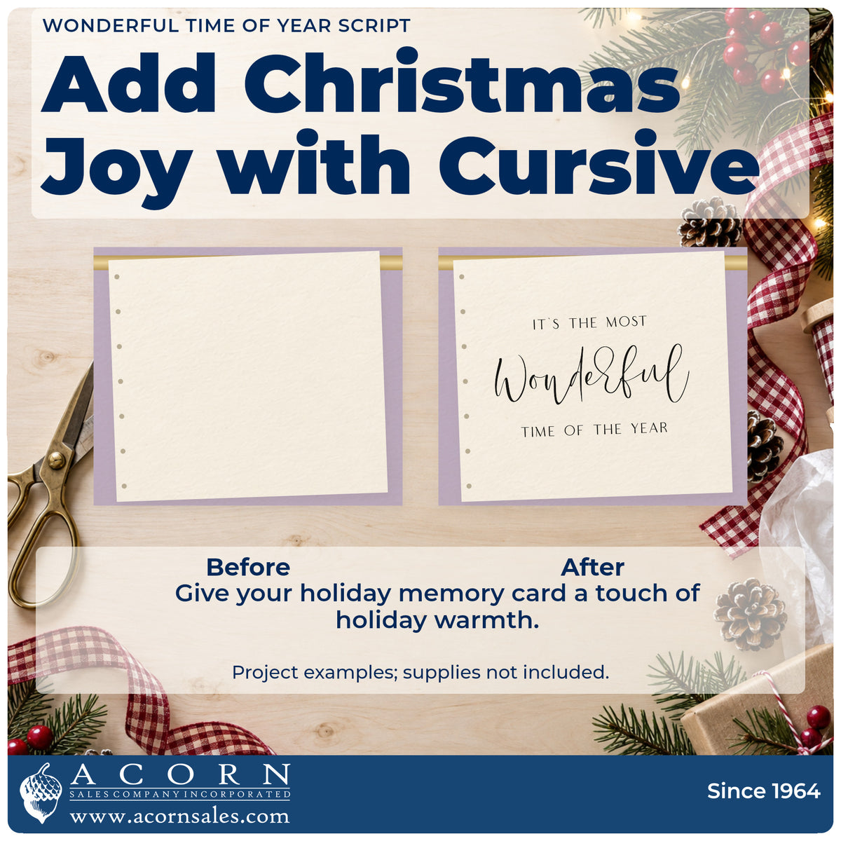 Before and after of a plain item finished with the Wonderful Time Of Year Script Lettering Stamp – Slim Pre-Inked, a quick upgrade for framed stacked trio.