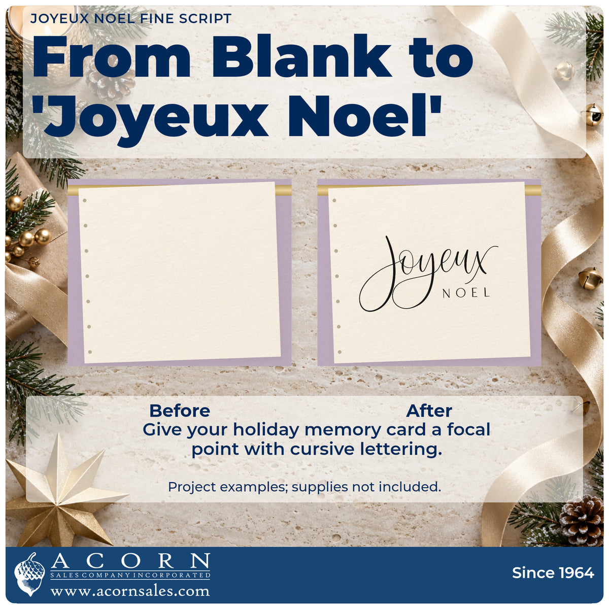 Before and after of a plain item finished with the Joyeux Noel Hand Stamp – Duo, a quick upgrade for framed bistro ledge.