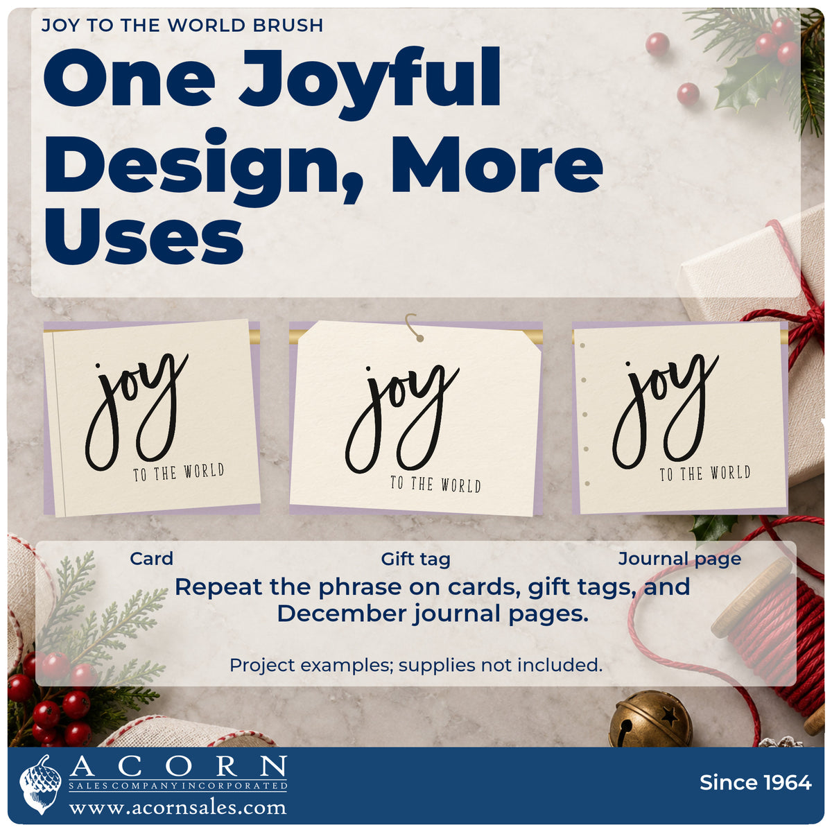 Three project examples made with the Joy To The World Brush Stamp – Wood Handle, including title sub sheet.