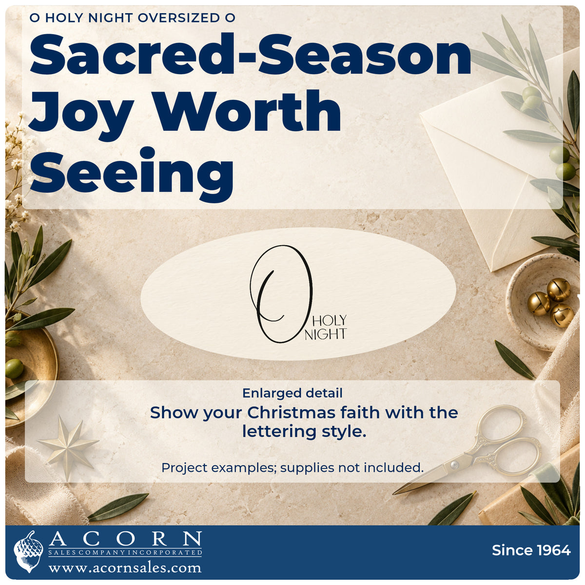 Enlarged detail of the O Holy Night Flourished O Rubber Stamp – Duo Hand imprint. An oversized looping O dominates the words "O holy night," with the remaining words in small capitals.