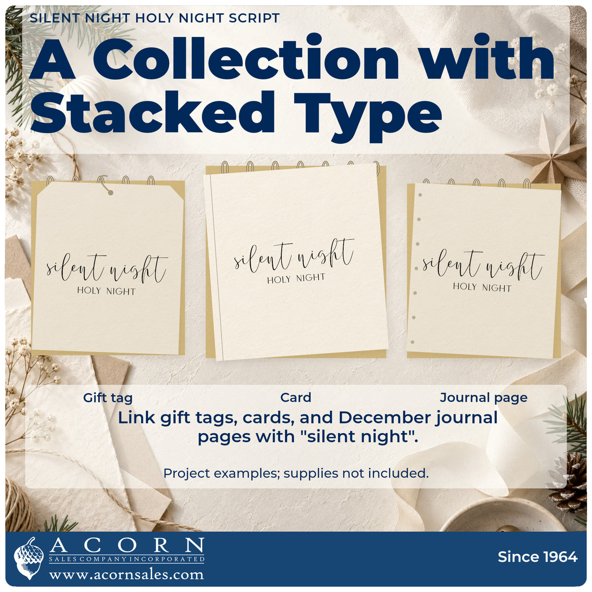 Three project examples made with the Silent Night Holy Night Script Lettering Self-Inking Stamp, including reflection note sheet.