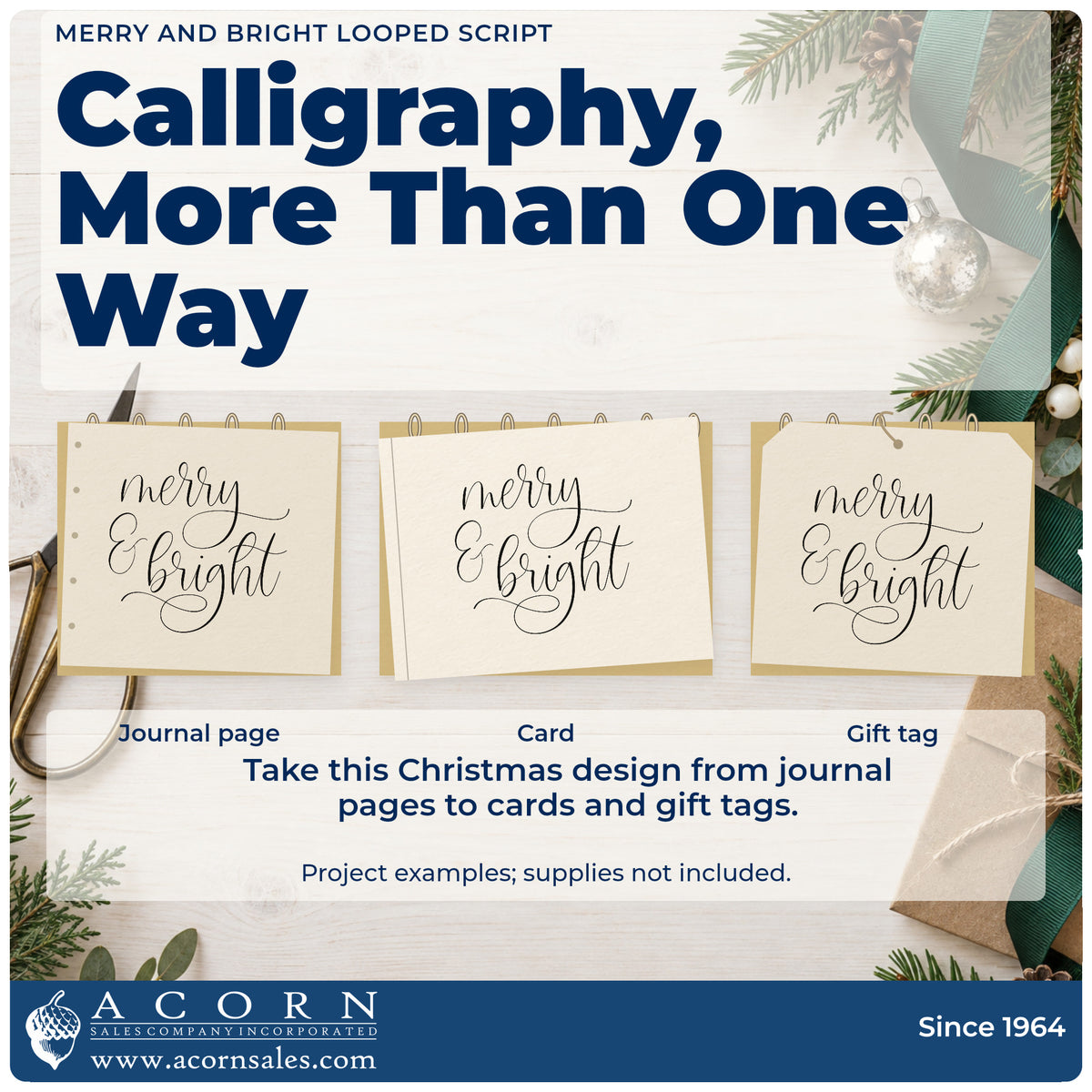 Three project examples made with the Self-Inking Merry And Bright Looped Script Stamp, including guide line sheet.