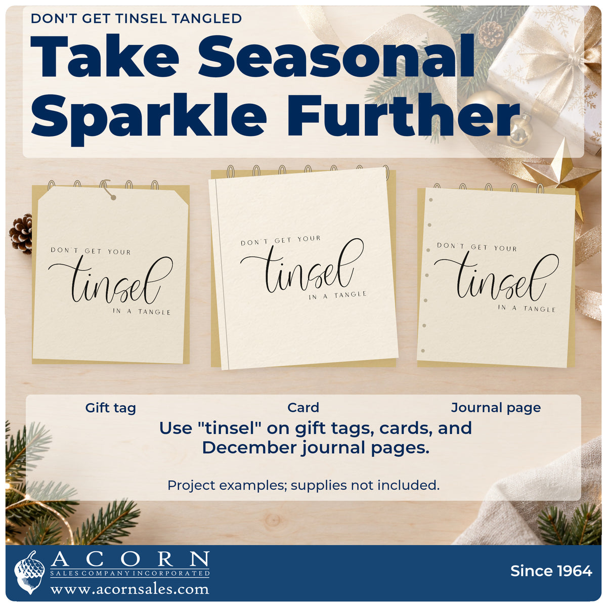 Three project examples made with the Don't Get Tinsel Tangled Script Lettering PSI Pre-Inked Stamp, including priority list sheet.