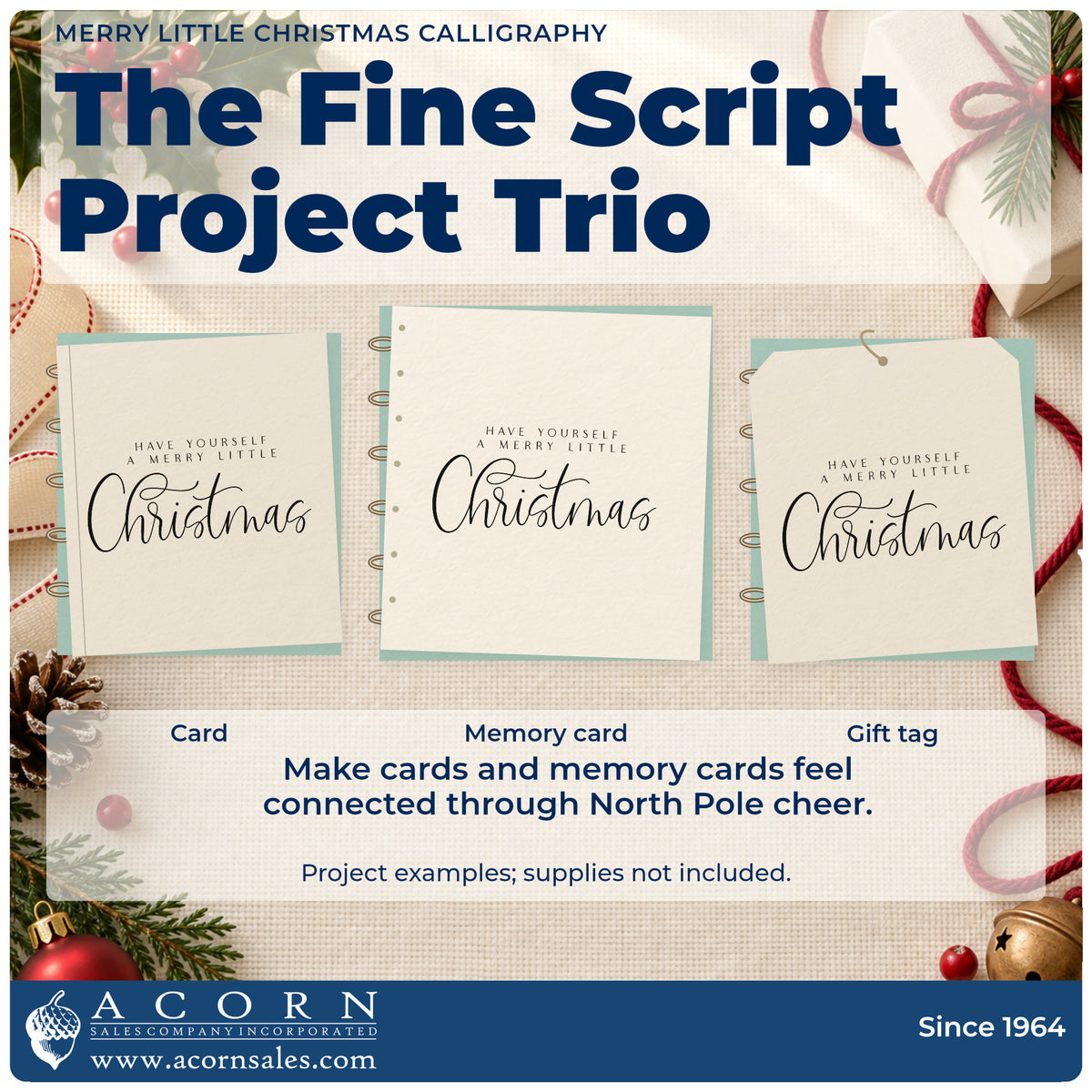 Three project examples made with the Duo Hand Merry Little Christmas Calligraphy Rubber Stamp, including evening order sheet.
