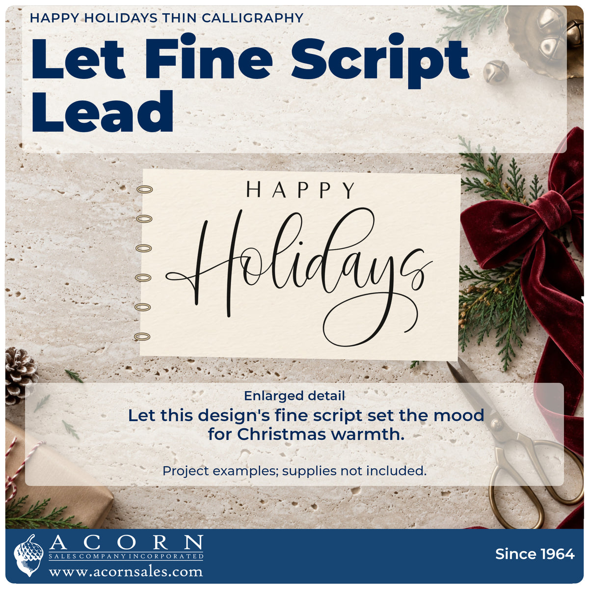 Enlarged detail of the Happy Holidays Thin Calligraphy Block Lettering Hand Stamp – Duo imprint. The words "Happy holidays" combine spaced capitals with fine calligraphy and a large looping tail.