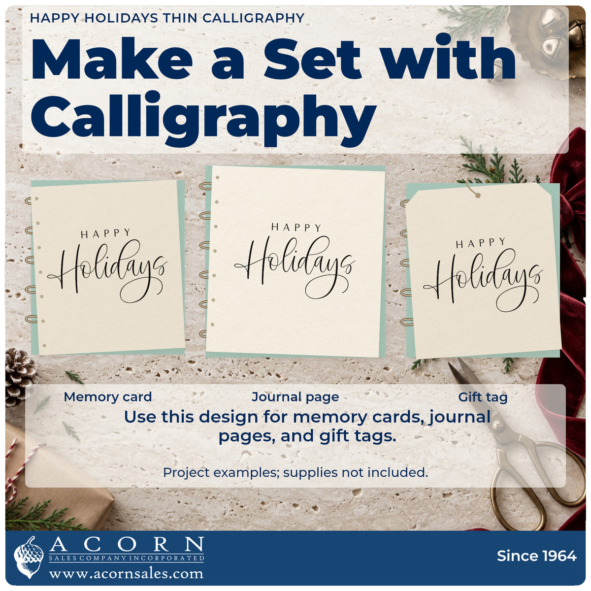Three project examples made with the Happy Holidays Thin Calligraphy Block Lettering Hand Stamp – Duo, including hand lettered tags.