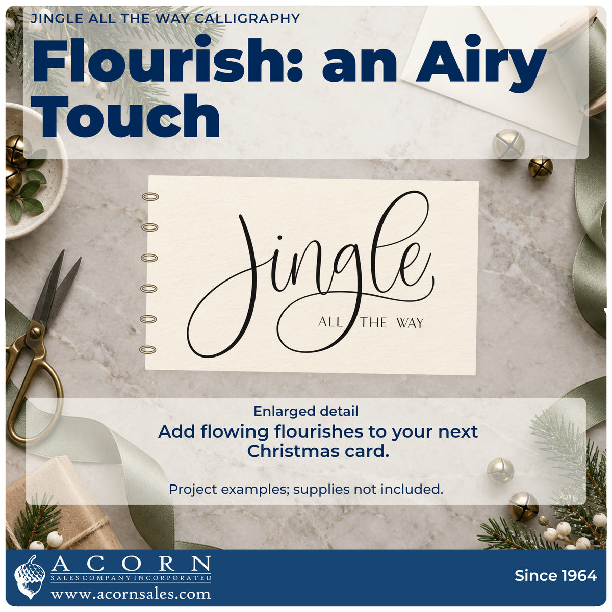 Enlarged detail of the Wood Handle Jingle All The Way Calligraphy Rubber Stamp imprint. The word "Jingle" appears in large thin calligraphy with long loops above small "all the way" text.