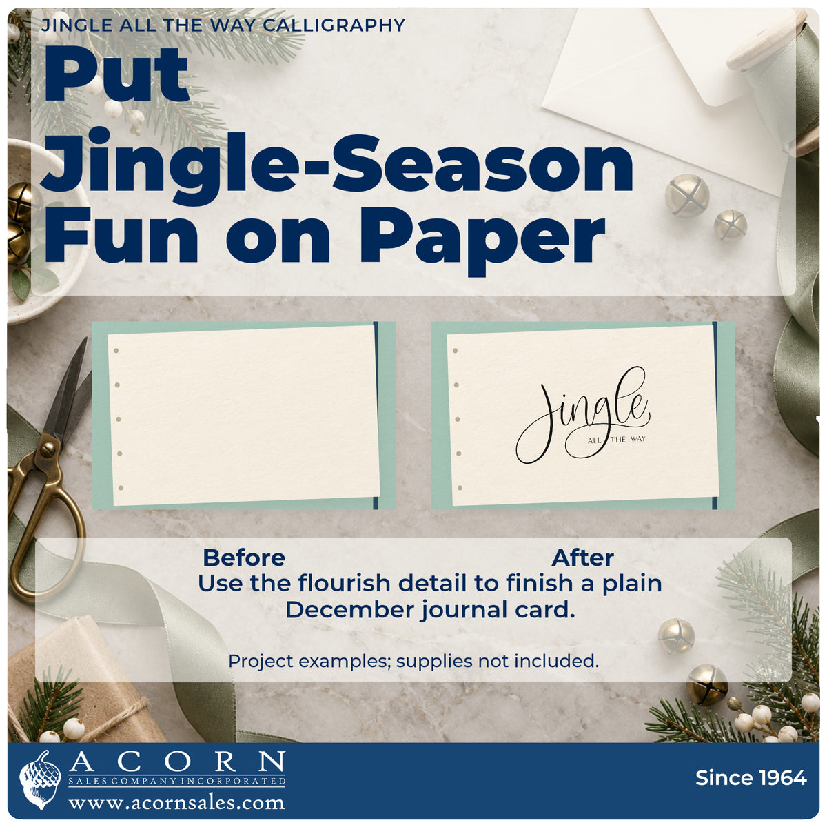 Before and after of a plain item finished with the Jingle All The Way Calligraphy Slim Pre-Inked Stamp, a quick upgrade for framed wide mat.