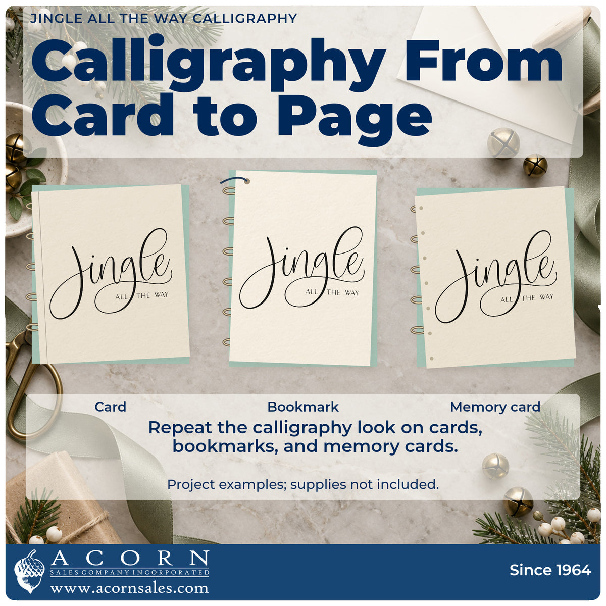 Three project examples made with the Jingle All The Way Calligraphy Slim Pre-Inked Stamp, including open margin sheet.