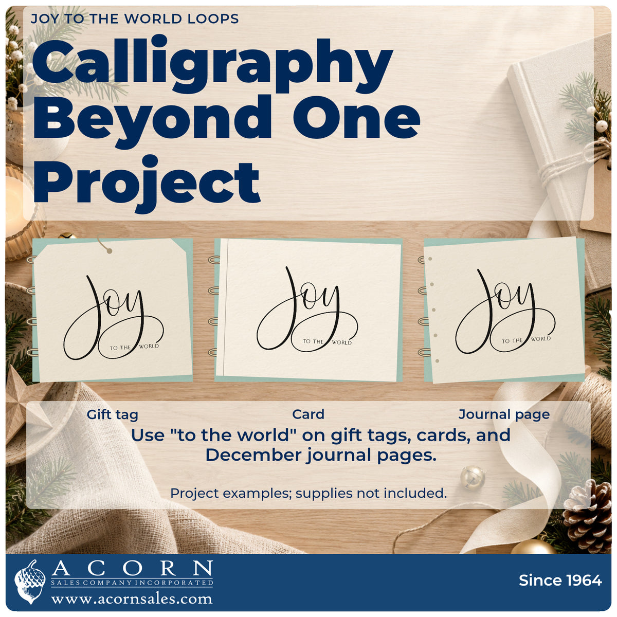 Three project examples made with the Joy To The World Loops Calligraphy Hand Stamp – Duo, including intent page header.