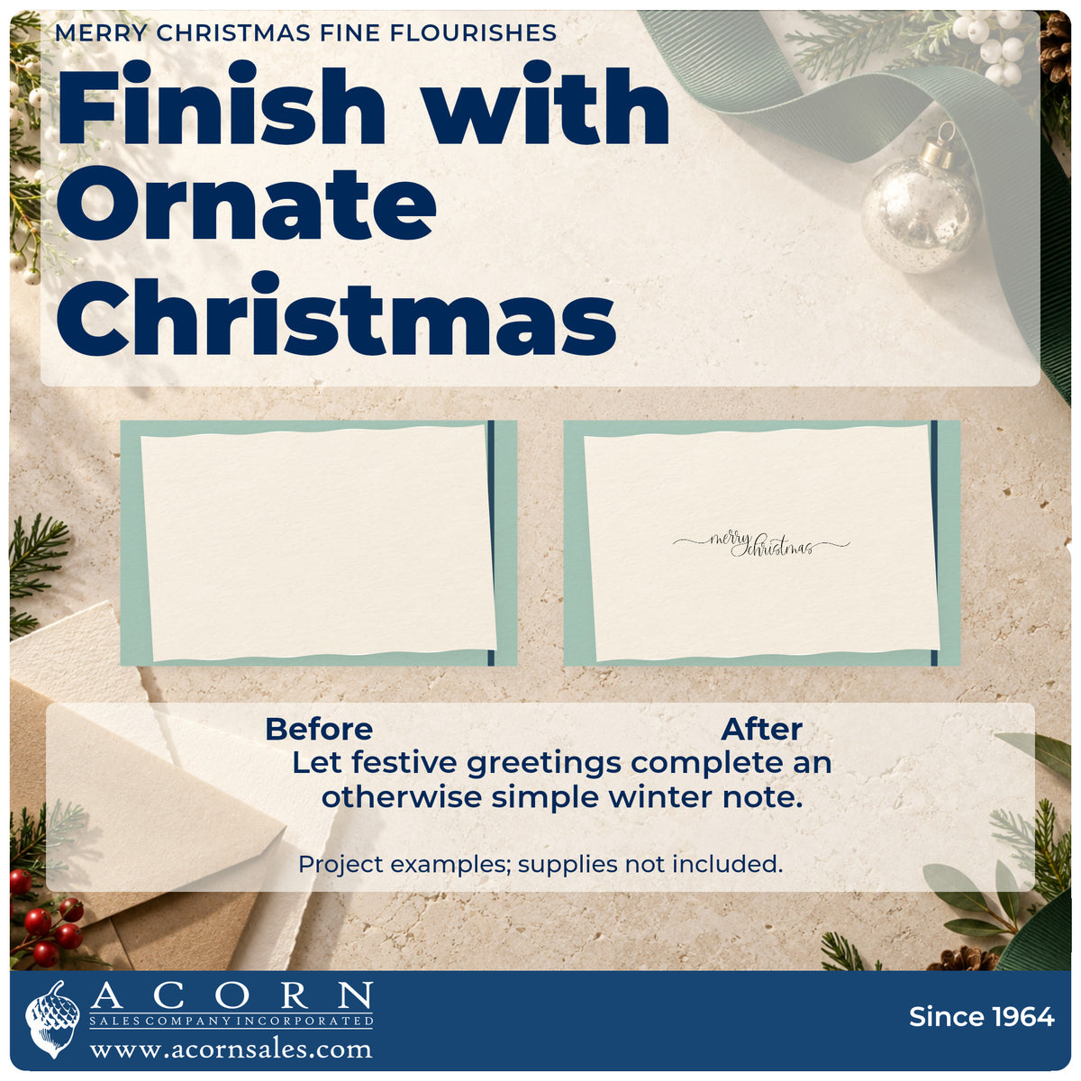Before and after of a plain item finished with the Merry Christmas Fine Flourishes Self-Inking Stamp, a quick upgrade for strap length printing.