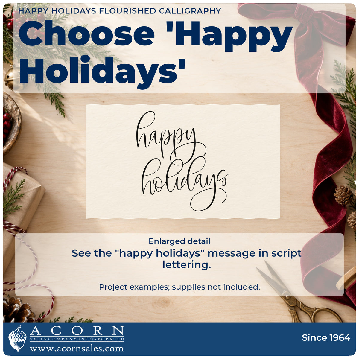 Enlarged detail of the Happy Holidays Flourished Calligraphy Script Lettering Self-Inking Stamp imprint. The words "happy holidays" appear in two lines of thin script with large looping flourishes.