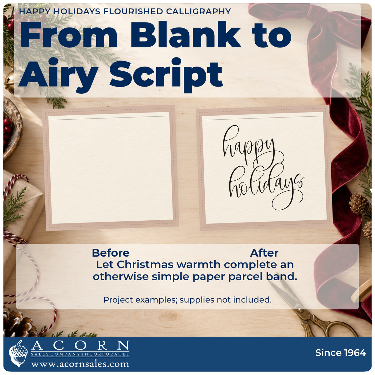 Before and after of a plain item finished with the Happy Holidays Flourished Calligraphy Script Lettering Self-Inking Stamp, a quick upgrade for framed glass pair.