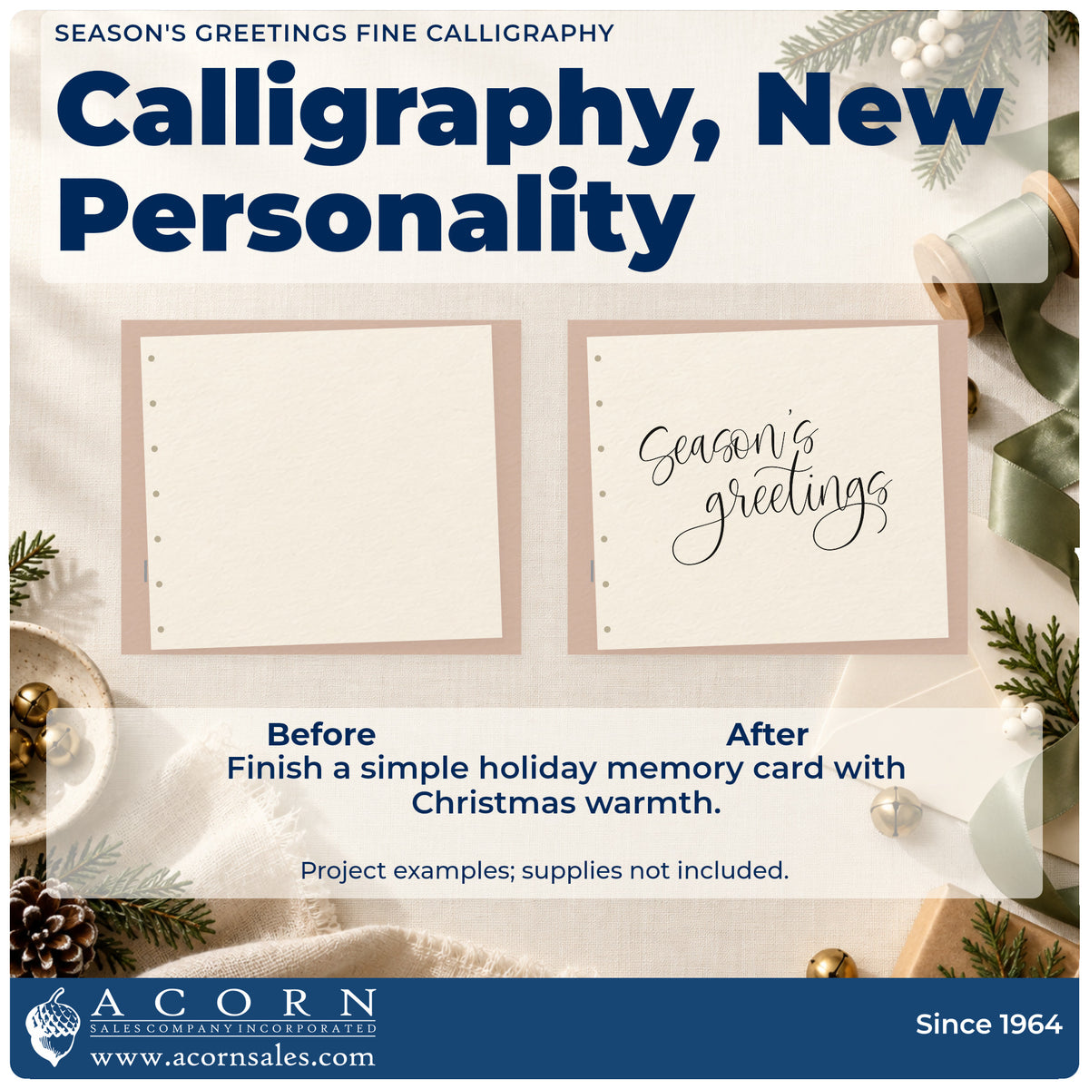 Before and after of a plain item finished with the Season's Greetings Fine Calligraphy Slim Pre-Inked Stamp, a quick upgrade for framed foyer piece.