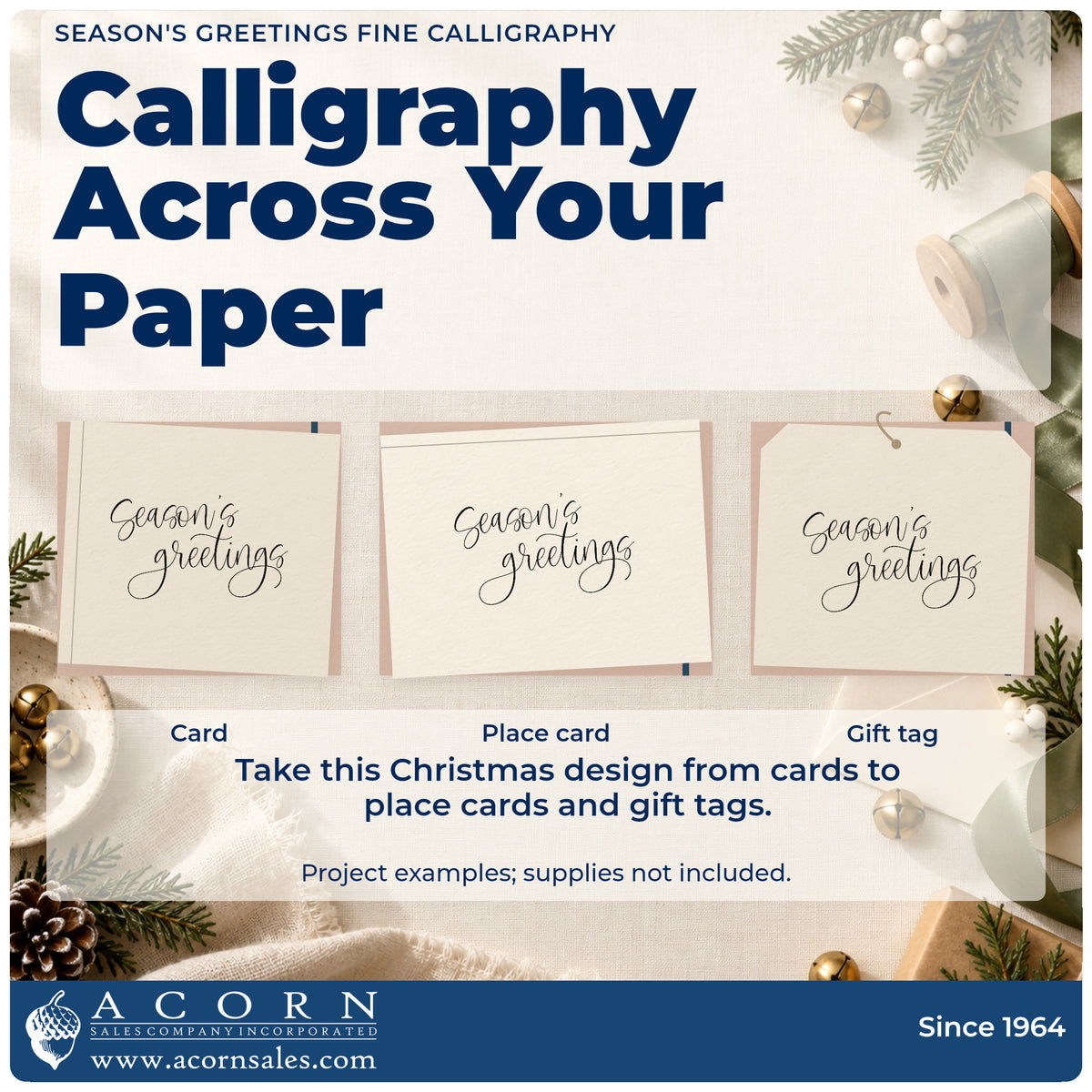 Three project examples made with the Self-Inking Season's Greetings Fine Calligraphy Stamp, including client note sheet.