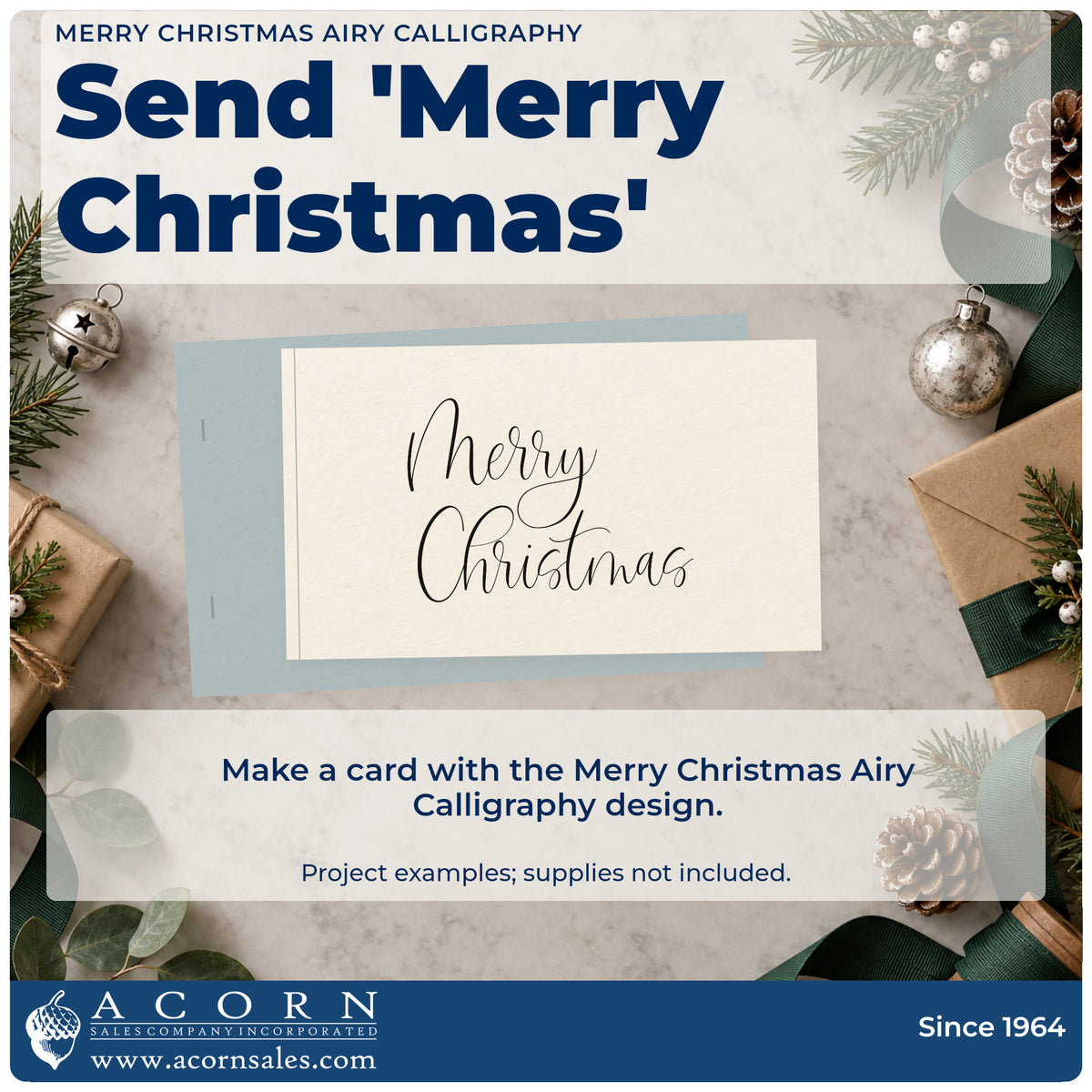 A finished handmade project stamped with the Merry Christmas Airy Calligraphy Slim Pre-Inked Stamp, ideal for open album page.