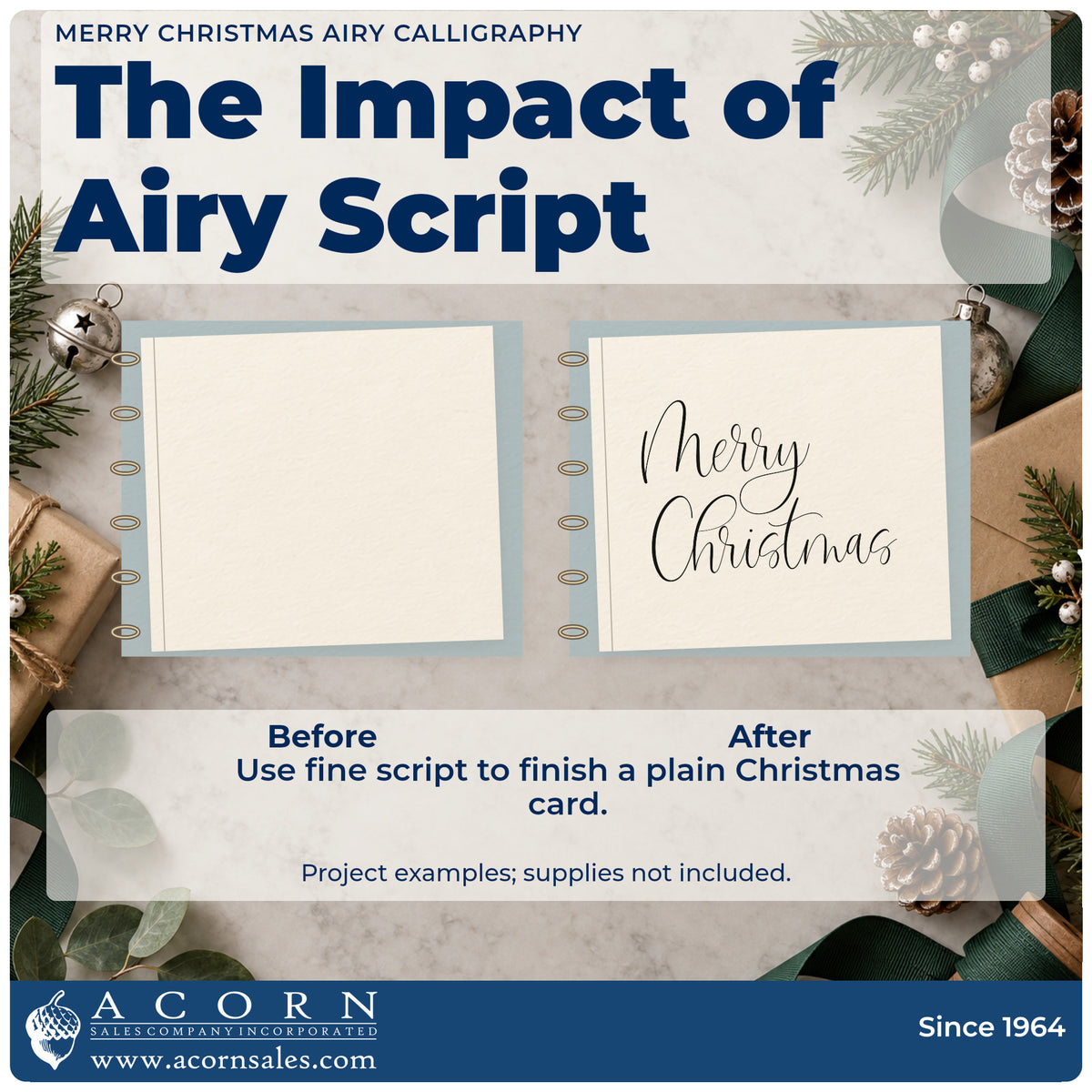 Before and after of a plain item finished with the Duo Hand Merry Christmas Airy Calligraphy Rubber Stamp, a quick upgrade for framed wide border.