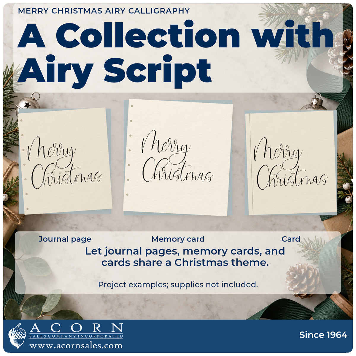 Three project examples made with the Merry Christmas Airy Calligraphy Slim Pre-Inked Stamp, including spare note sheet.