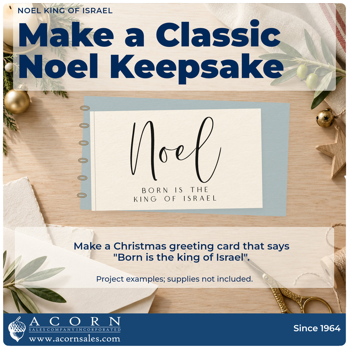 A finished handmade project stamped with the Noel King Of Israel Script Lettering PSI Pre-Inked Stamp, ideal for hymn text album.