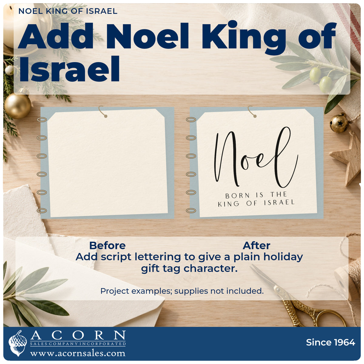 Before and after of a plain item finished with the Noel King Of Israel Script Lettering Stamp – Slim Pre-Inked, a quick upgrade for framed chancel panel.