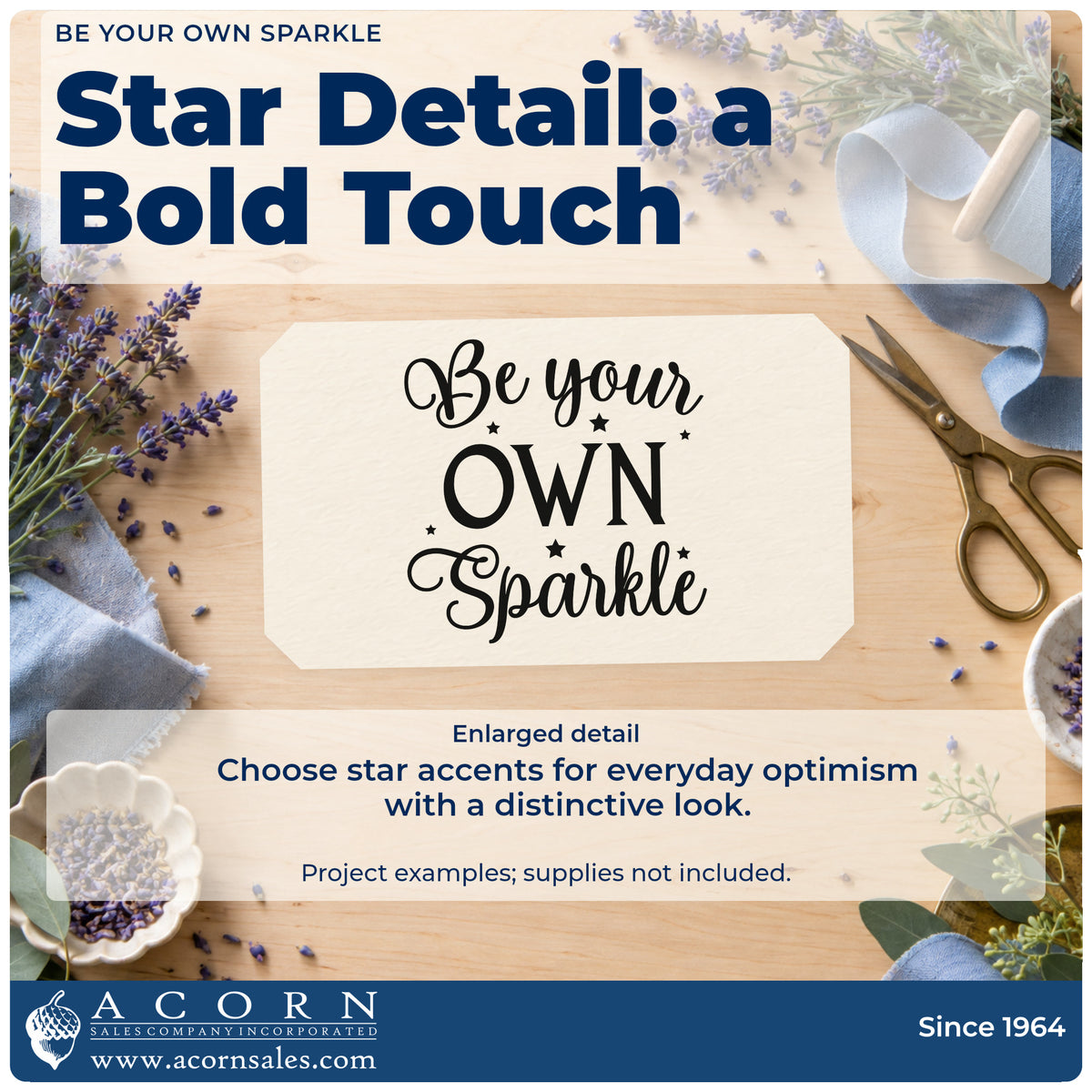 Enlarged detail of the Pre-Inked Be Your Own Sparkle With Stars Stamp – PSI imprint. The words "Be your own sparkle" combine script and bold capitals with scattered stars.
