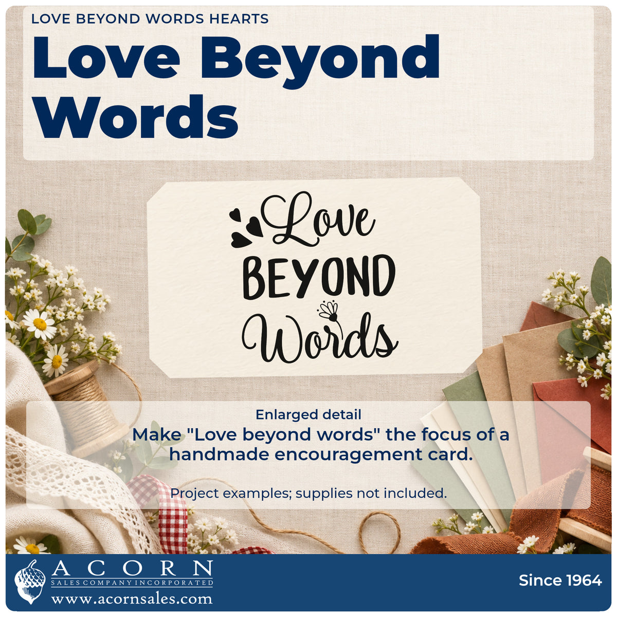 Enlarged detail of the Love Beyond Words Hearts Rubber Stamp – Duo Hand imprint. The words "Love beyond words" appear with small hearts and a little flower.