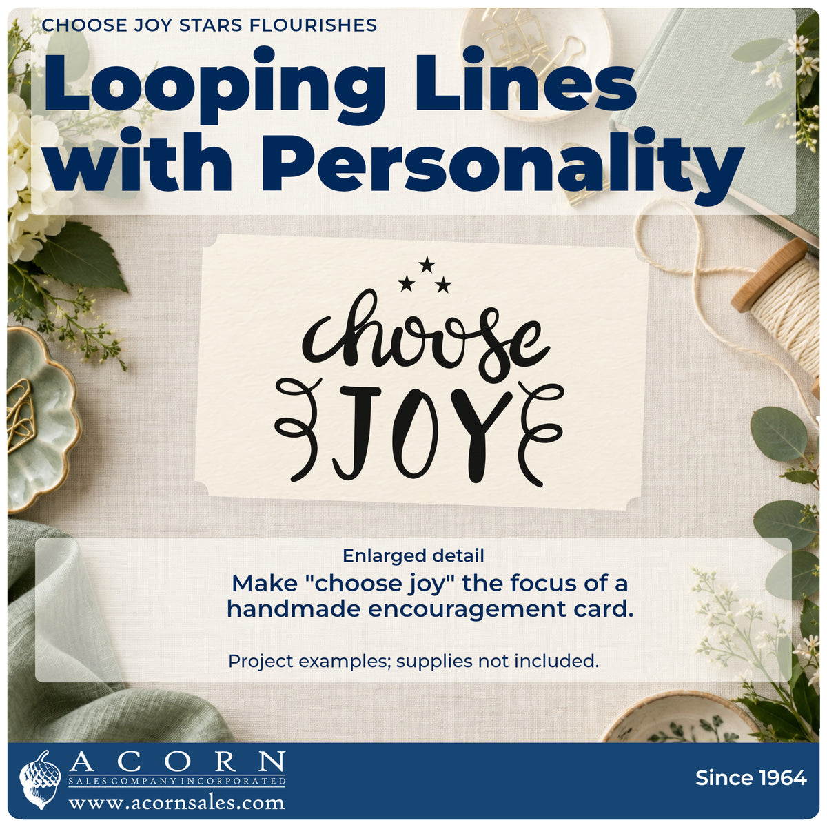 Enlarged detail of the Choose Joy Star Accents Self-Inking Stamp imprint. The words "choose joy" appear with three stars and symmetrical curled flourishes.