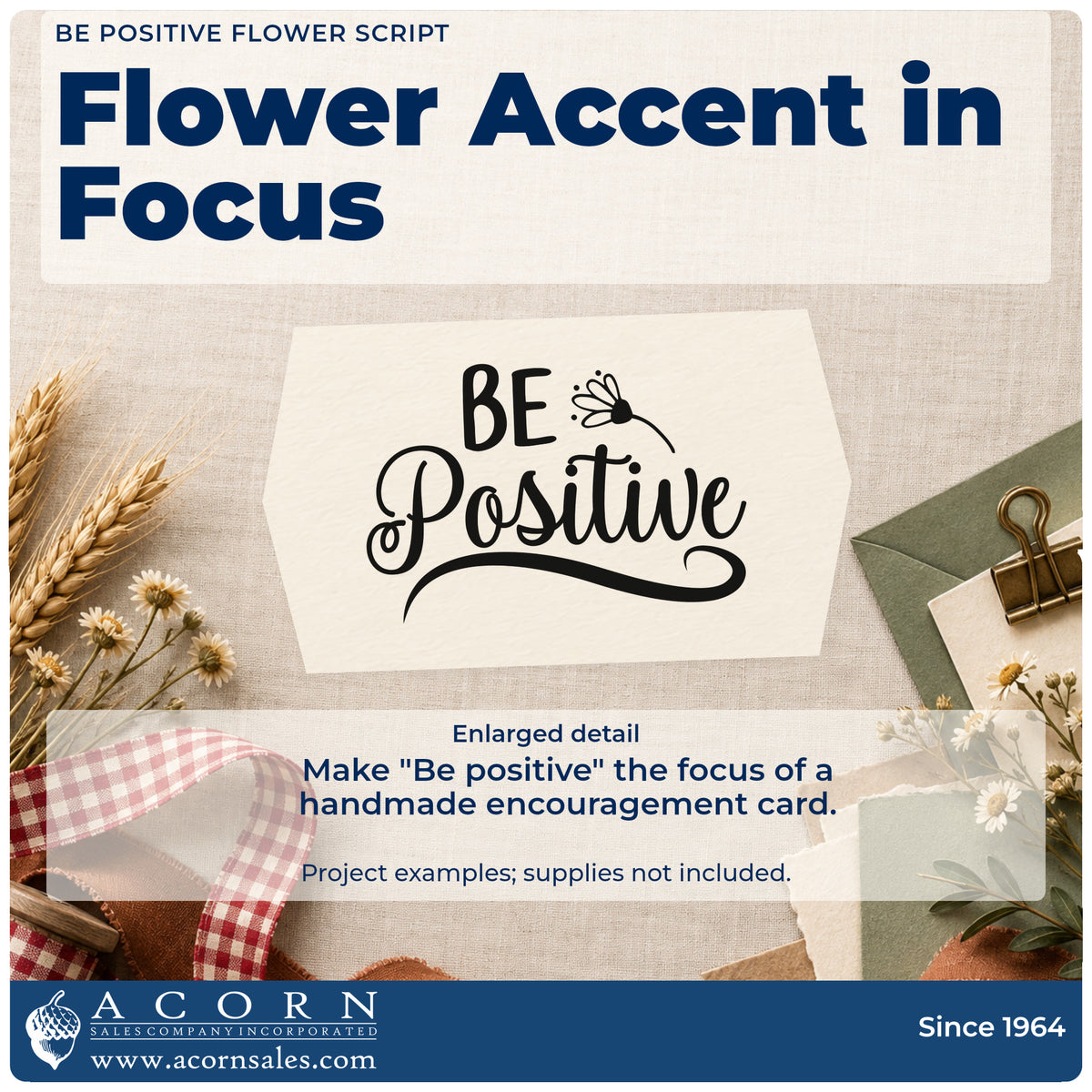 Enlarged detail of the Be Positive Flower Script Self-Inking Stamp imprint. The words "Be positive" appear with a small flower and a sweeping underline.