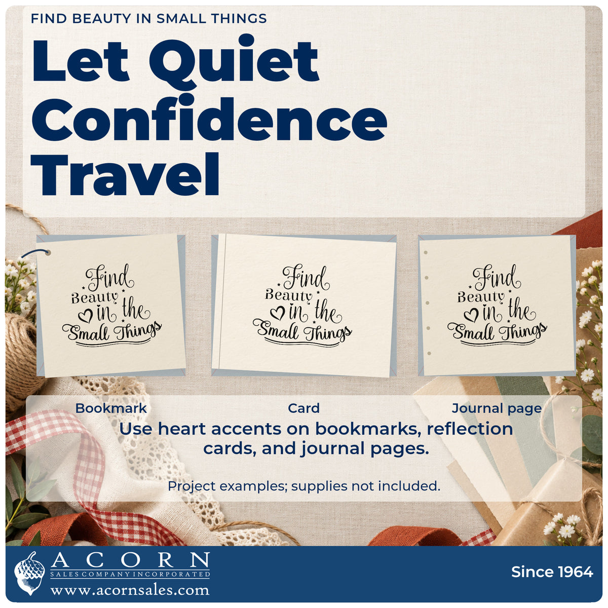 Three project examples made with the Find Beauty In The Small Things Slim Pre-Inked Stamp, including field note sheet.