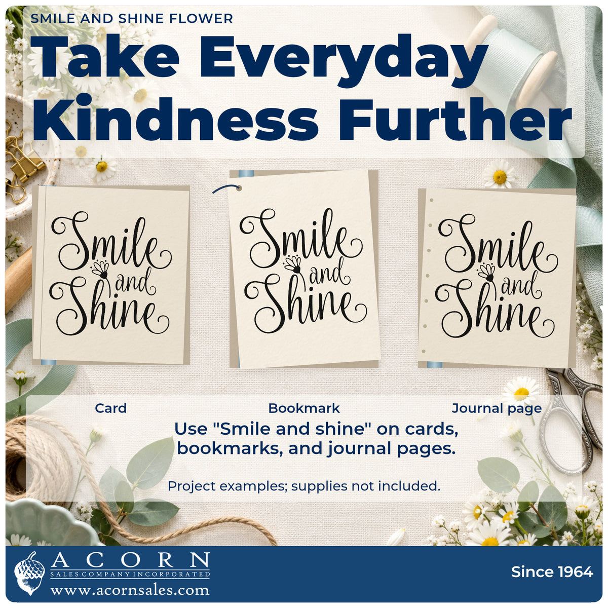 Three project examples made with the Smile And Shine Flower Script Lettering Wood-Mounted Rubber Stamp, including chair booking sheet.