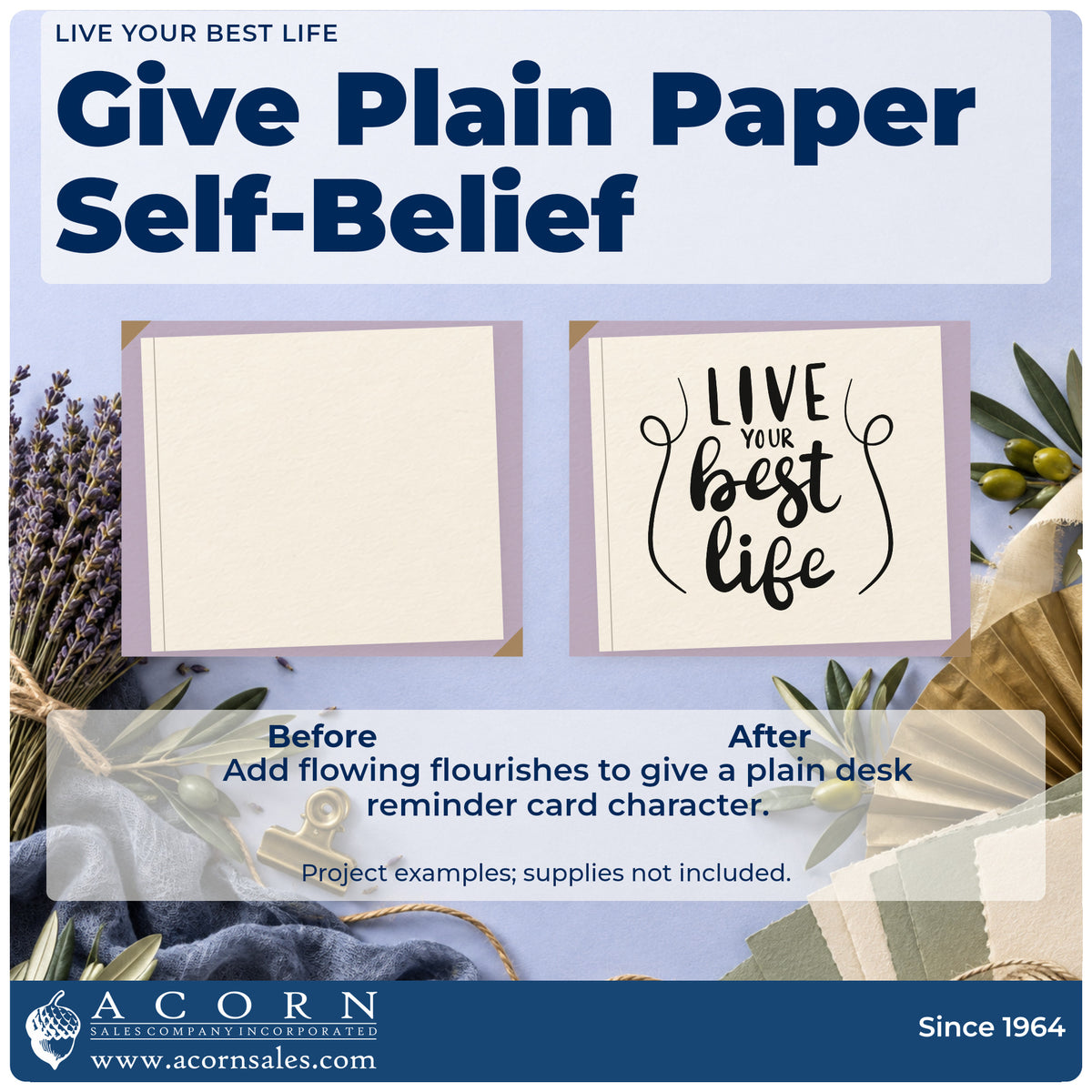 Before and after of a plain item finished with the Duo Hand Live Your Best Life Rubber Stamp, a quick upgrade for framed map wall.