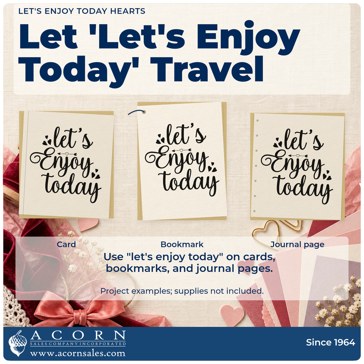 Three project examples made with the Let's Enjoy Today Hearts Stamp – Duo Hand, including day plan sheet.