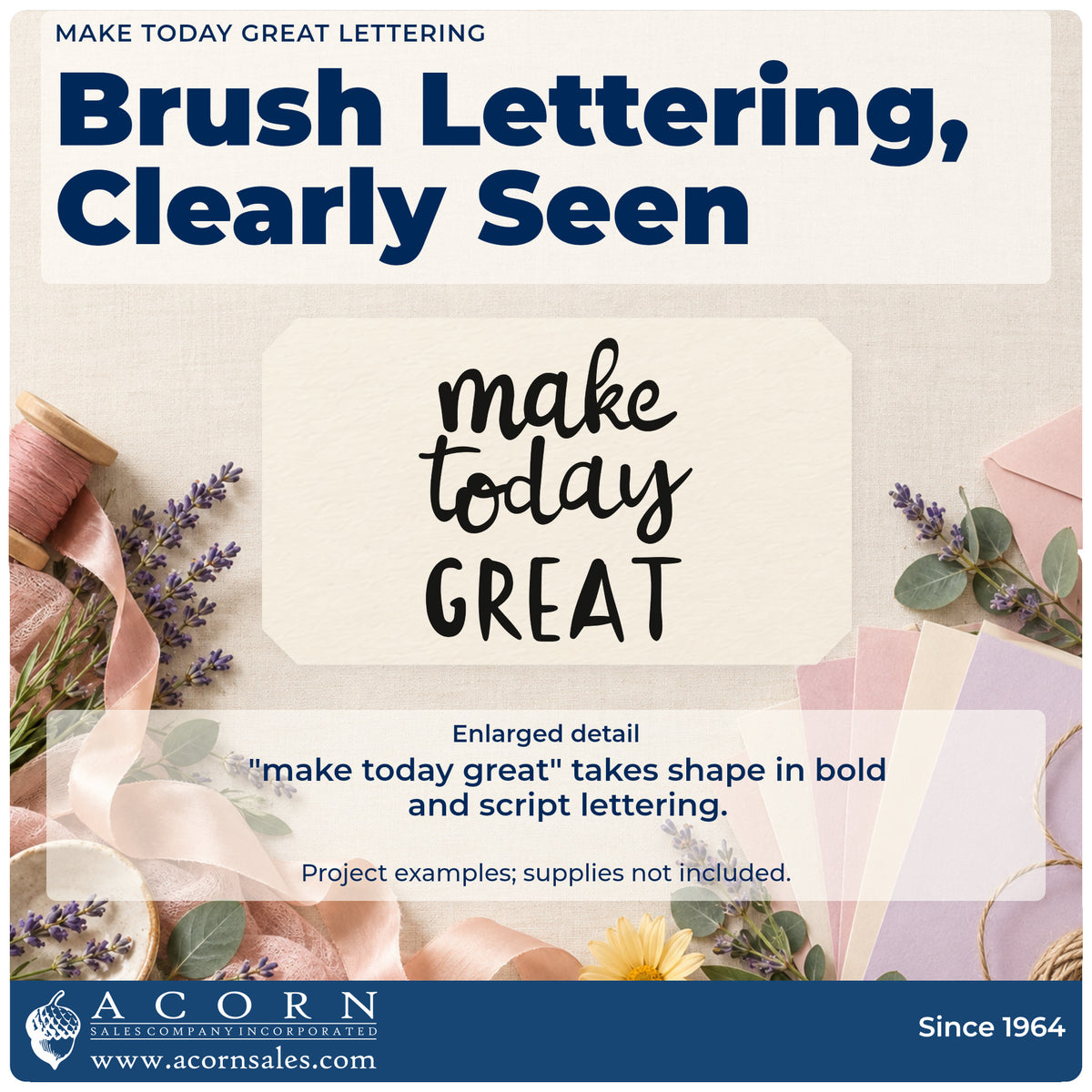 Enlarged detail of the Make Today Great Lettering Rubber Stamp – Wood Handle imprint. The phrase "make today great" combines bold script and widely spaced capitals.